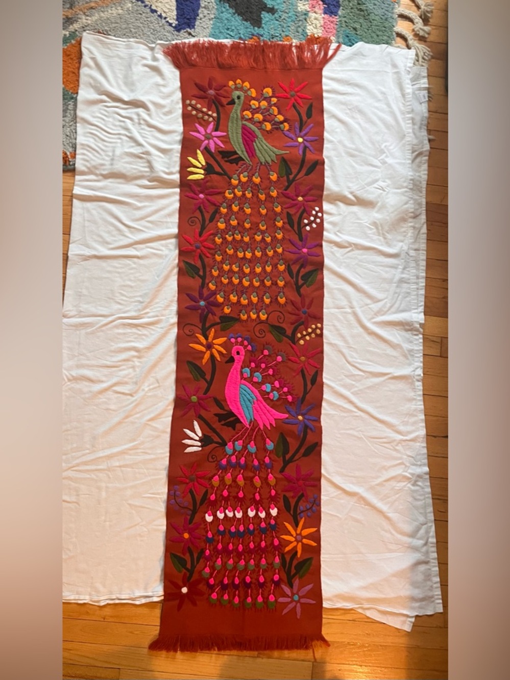 Mexican Hand-Embroidered Peacock Wall Tapestry - Vibrant Floral Design
